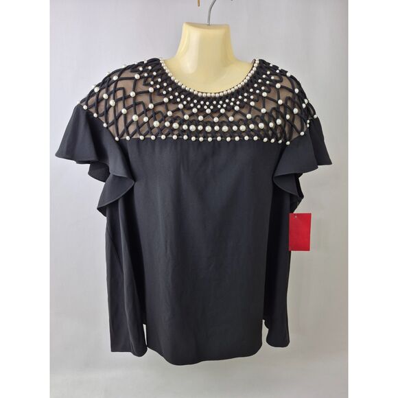 Carolina Herrera Women's Black Embroidered Yoke Pearl Top Blouse Size 16 $1690+ - Picture 3 of 7